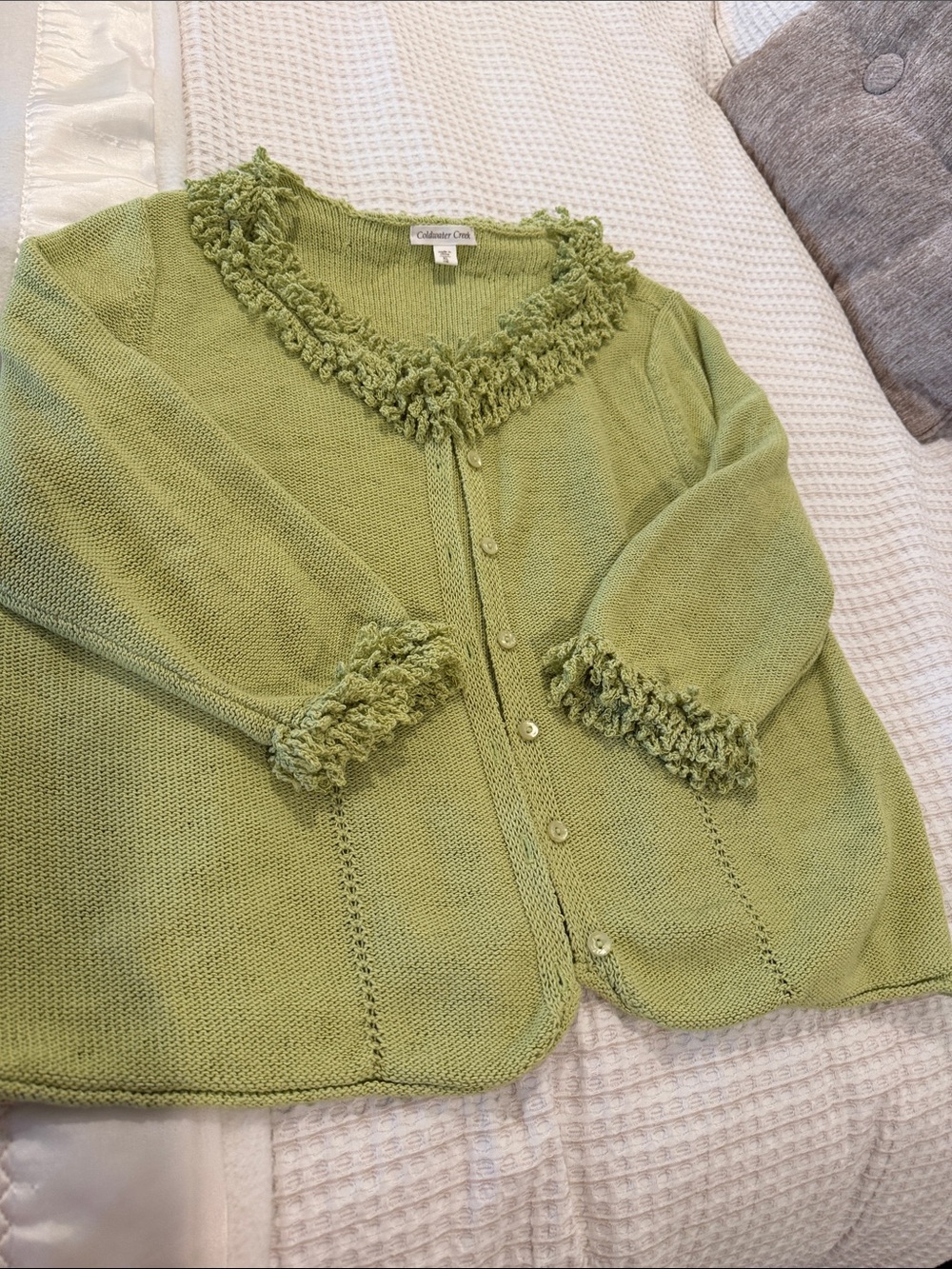 Coldwater Creek Green Fringe-Trim Cardigan Sweater. XL